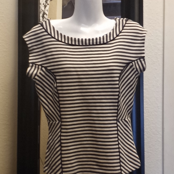 Ann Taylor Pique Knit Striped Cap Sleeved Top - Picture 8 of 14